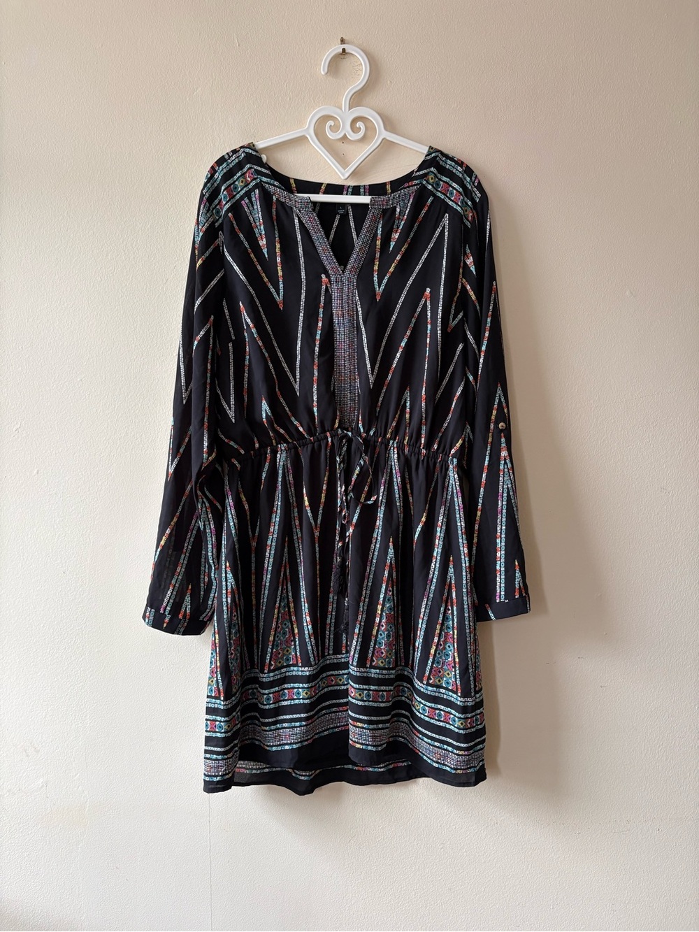 Signature Studio Black Geometric Print Long-Sleeve Dress - Size L